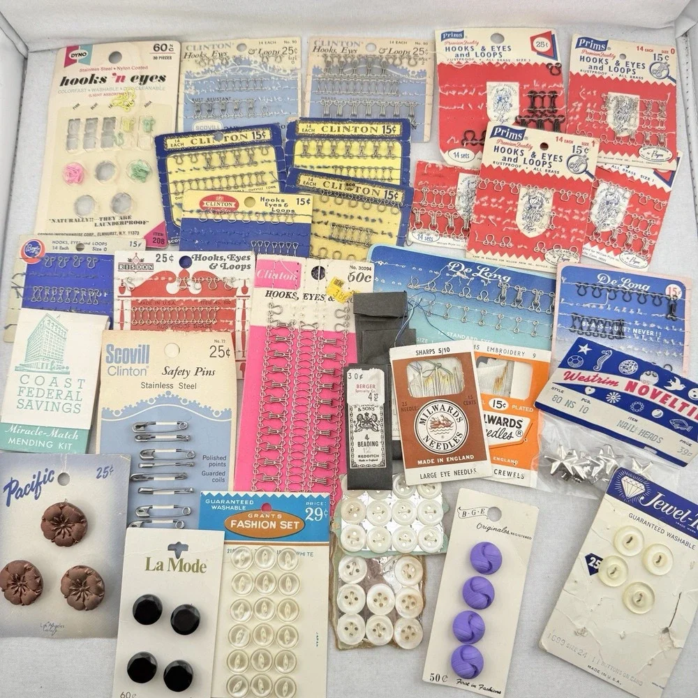 Vintage Lot Sewing Notions Hook Eye Loops Buttons Needles Mending Supplies